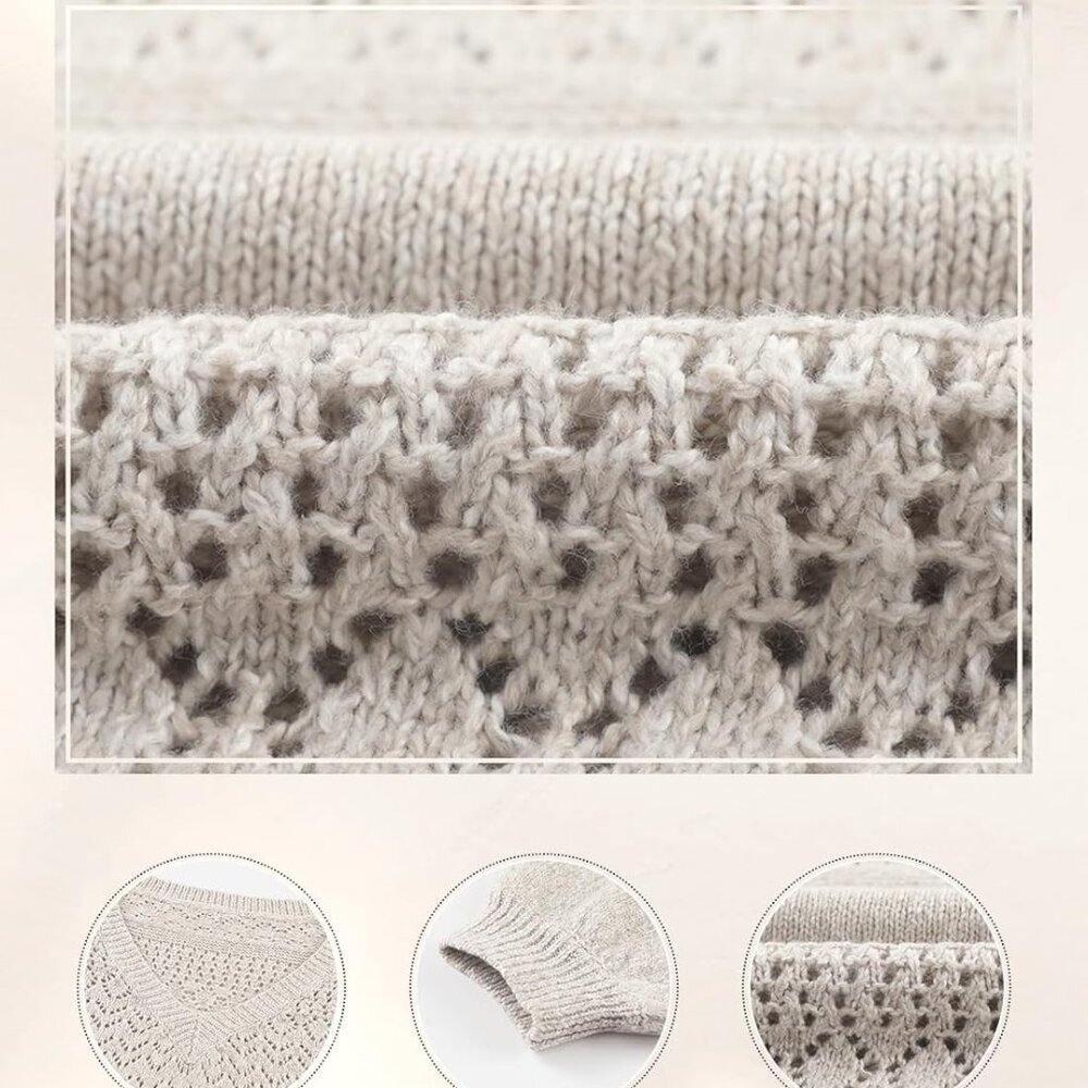 Women's Sweaters Casual Long Sleeve V Neck Lightweight Crochet Pullover Sweater - Picture 5 of 8